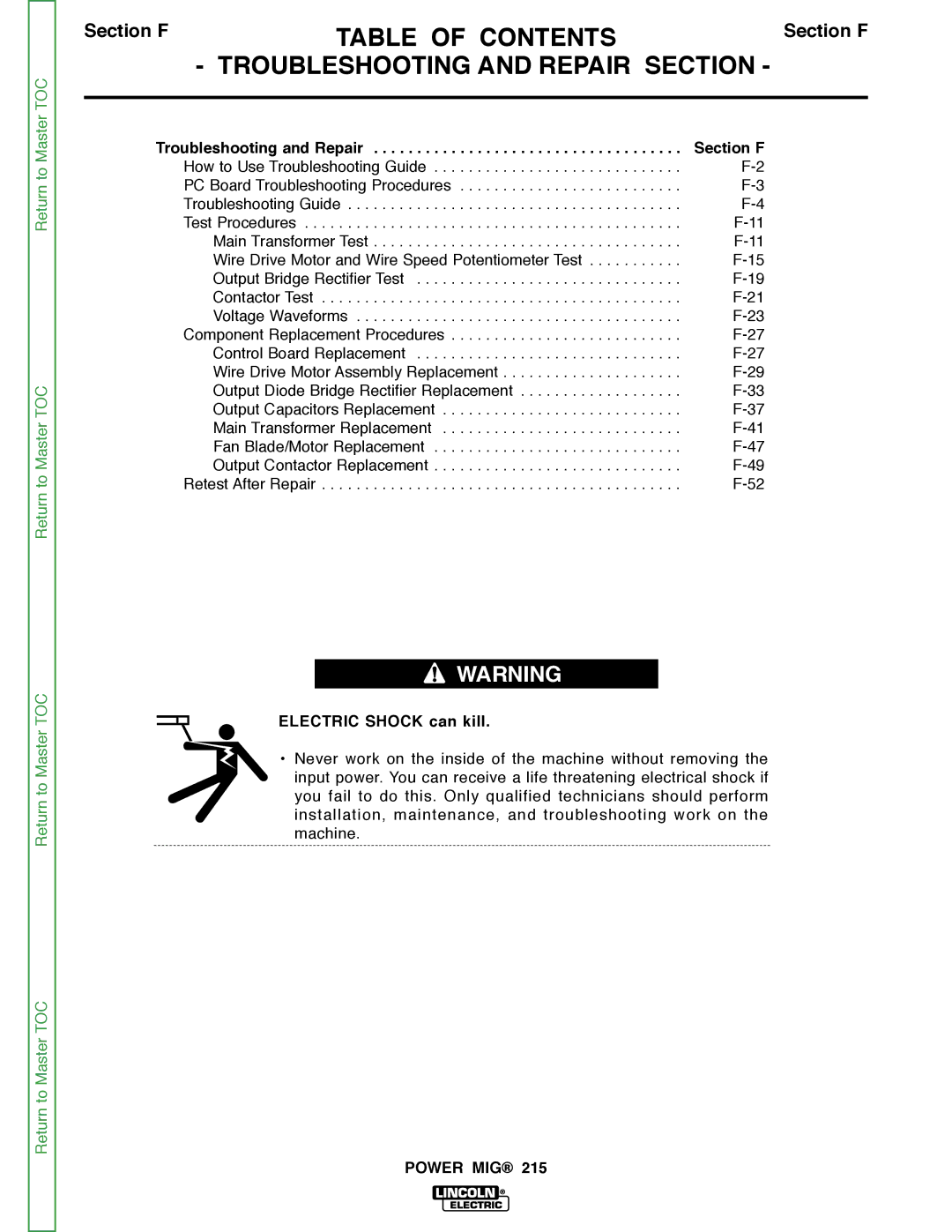 Lincoln Electric SVM167-A service manual Table of Contents, Troubleshooting And Repair Section  